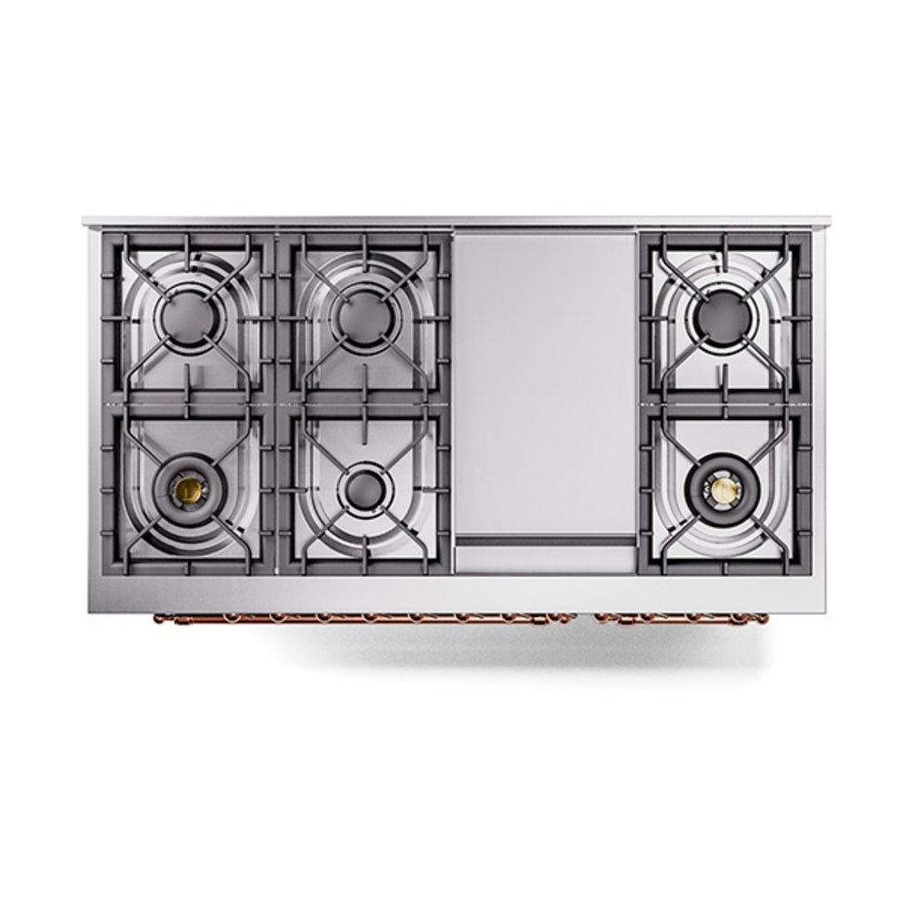 Dual fuel range cooktop underside view with burner grates and round burner heads