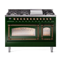 ILVE Nostalgie II Noblesse 48-Inch Freestanding Natural Gas Dual Fuel Range in Emerald Green with Burnished Bronze Trim (UN48FNMPEGB)