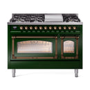 ILVE Nostalgie II Noblesse 48-Inch Freestanding Natural Gas Dual Fuel Range in Emerald Green with Bronze Trim (UN48FNMPEGB)