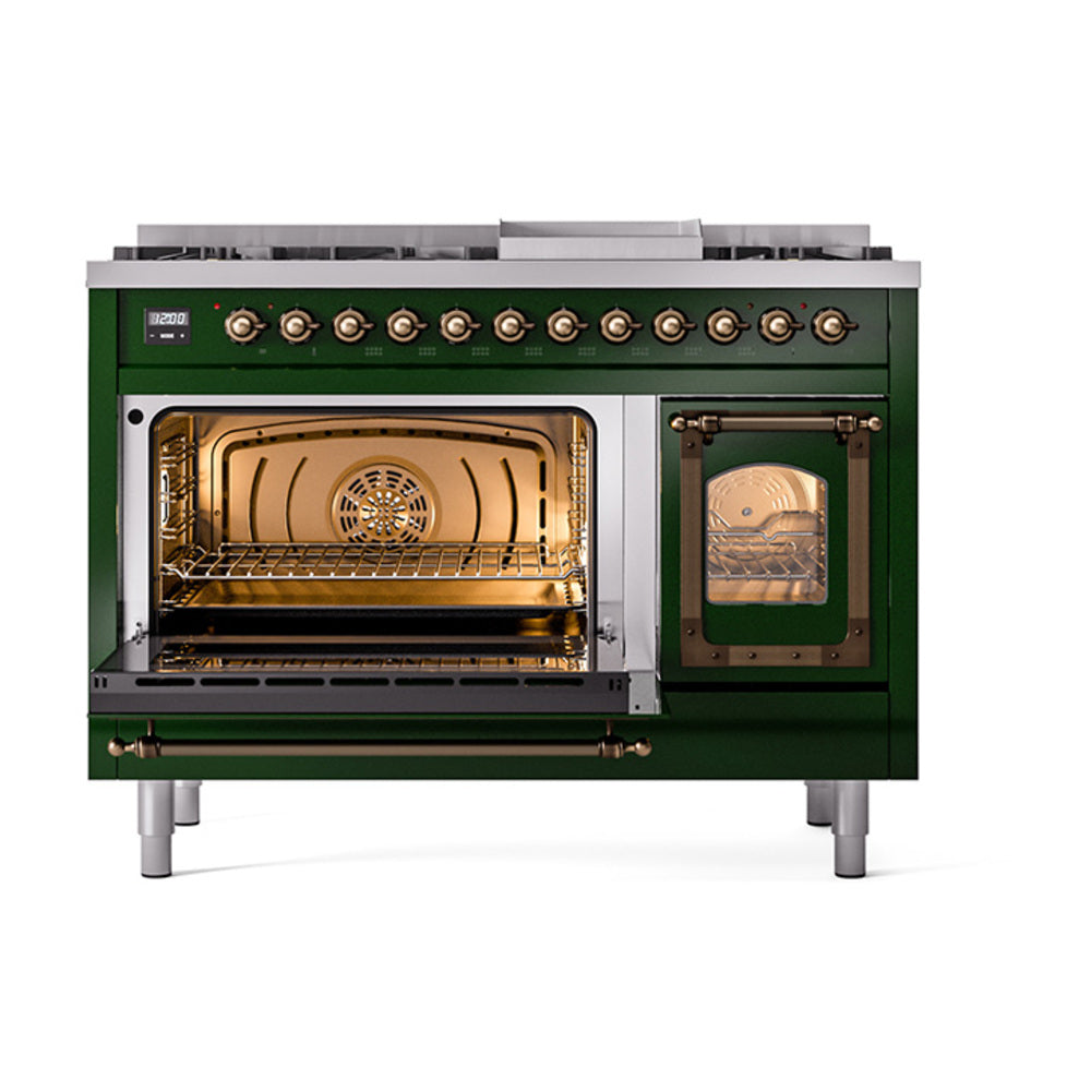 Emerald green dual-fuel range with bronze knobs and left oven door open