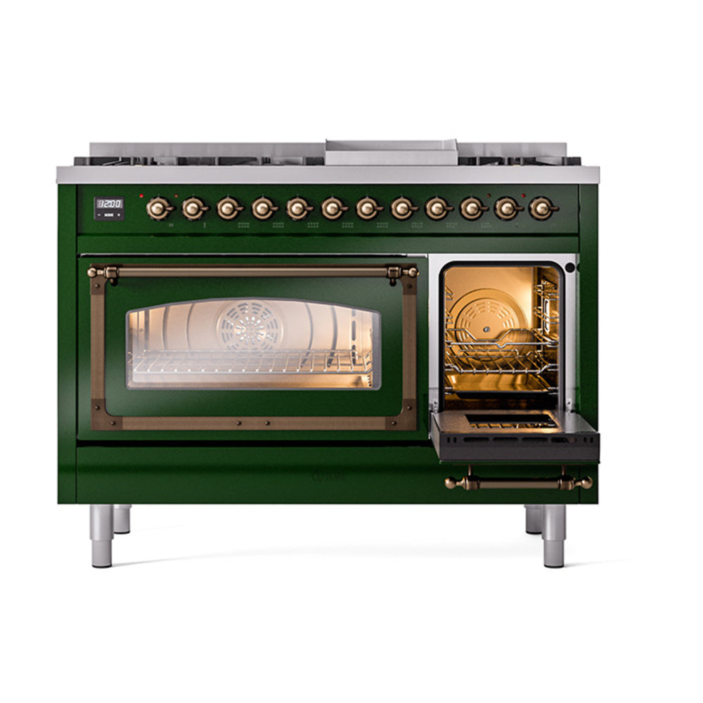 Emerald green range with bronze knobs and one oven window with interior light