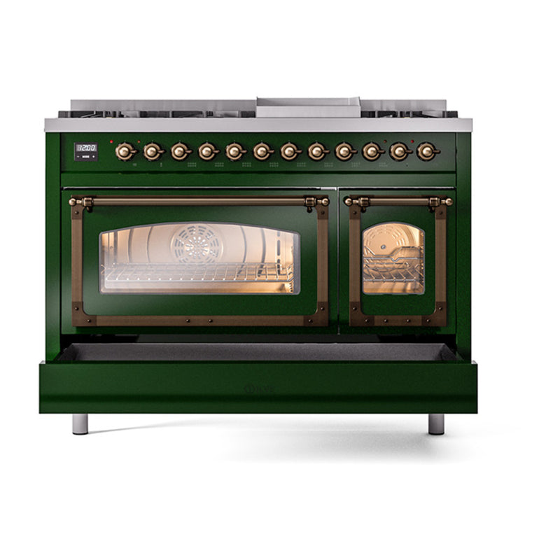 ILVE Nostalgie II Noblesse 48-Inch Dual Fuel Freestanding Range in Emerald Green with Bronze Trim (UN48FNMPEGB)
