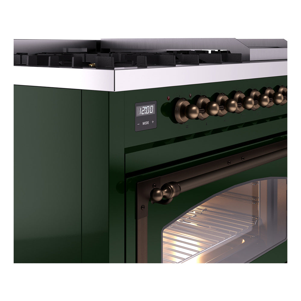 Emerald green range control panel with bronze knobs and small digital display