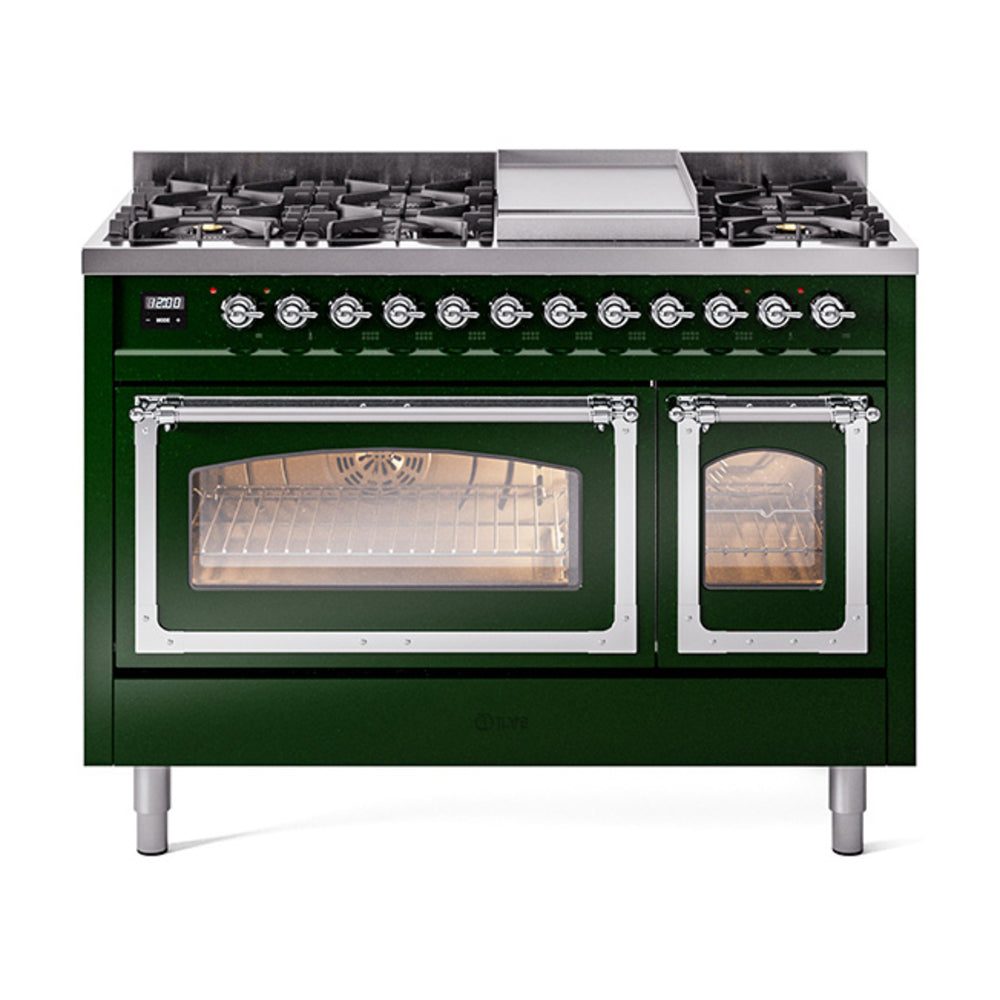 Emerald green dual fuel range with chrome knobs, burners, and two oven windows