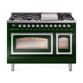 ILVE Nostalgie II Noblesse 48-Inch Freestanding Natural Gas Dual Fuel Range in Emerald Green with Chrome Trim (UN48FNMPEGC)