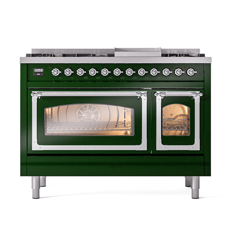 Emerald green dual fuel range front with chrome knobs and burners, both ovens lit