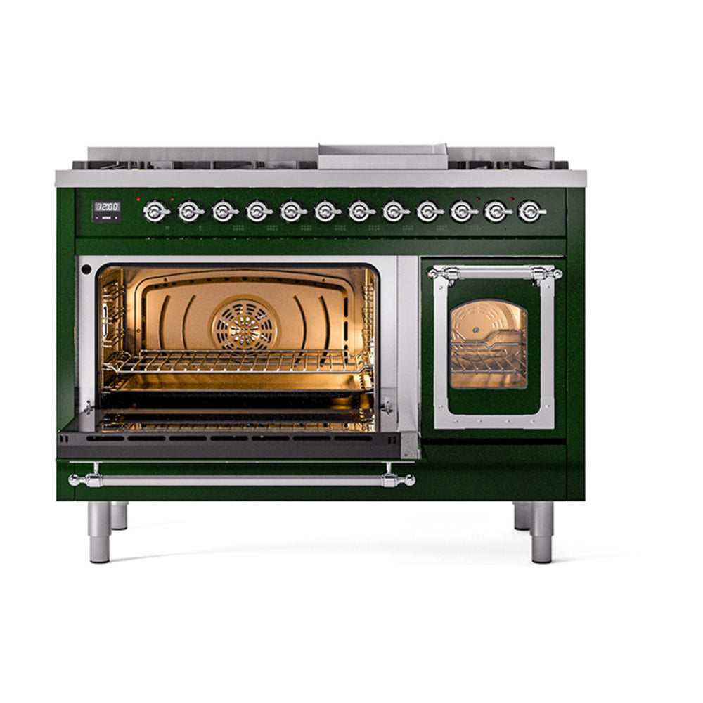 Emerald green range with left oven open and right oven door closed, chrome trim