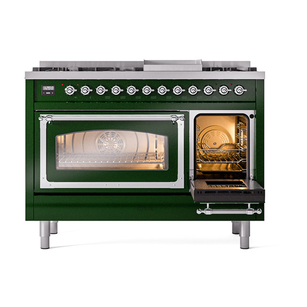 Emerald green range with left oven open and right oven door swung open