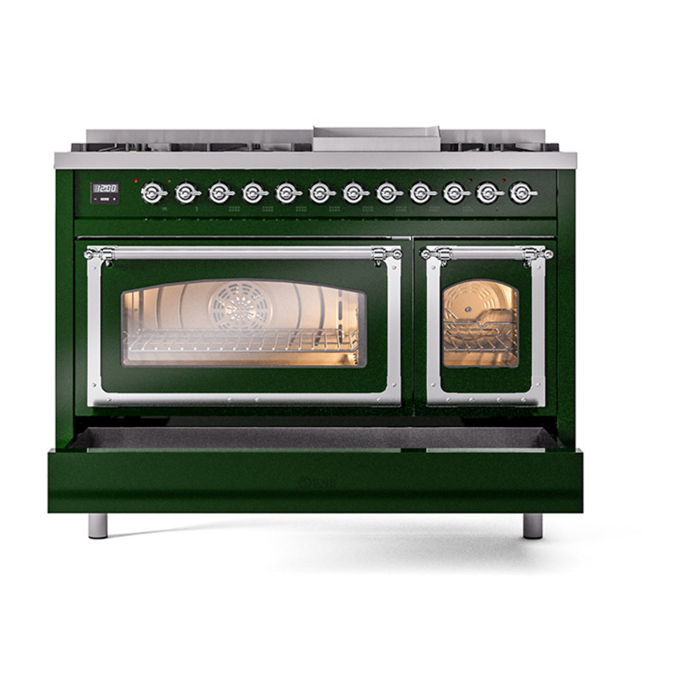 Emerald green freestanding range with both oven doors open, chrome handles