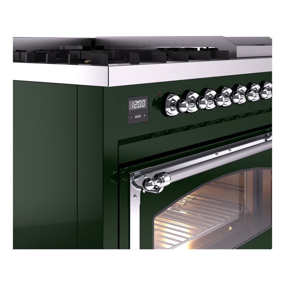 Emerald green range side view with chrome control knobs and open oven door