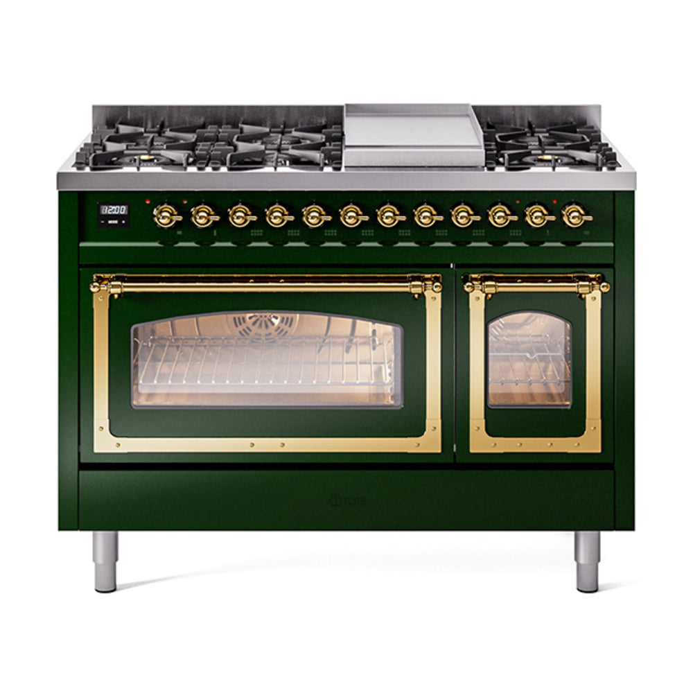 Emerald green freestanding gas dual fuel range with brass trim, two oven doors and knobs