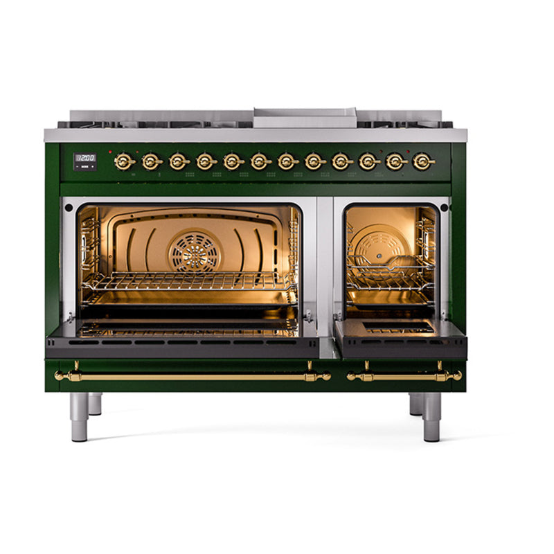 ILVE Nostalgie II Noblesse 48-Inch Dual Fuel Freestanding Range in Emerald Green with Brass Trim (UN48FNMPEGG)