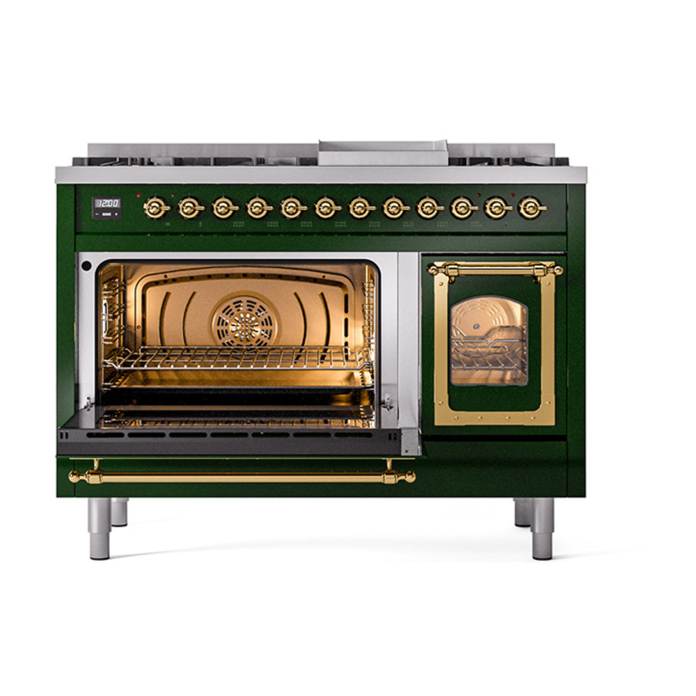 Emerald green dual fuel range with one oven open and brass-trimmed glass door