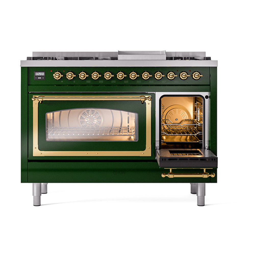 Emerald green dual fuel range with one oven door open, brass trim, and illuminated interior