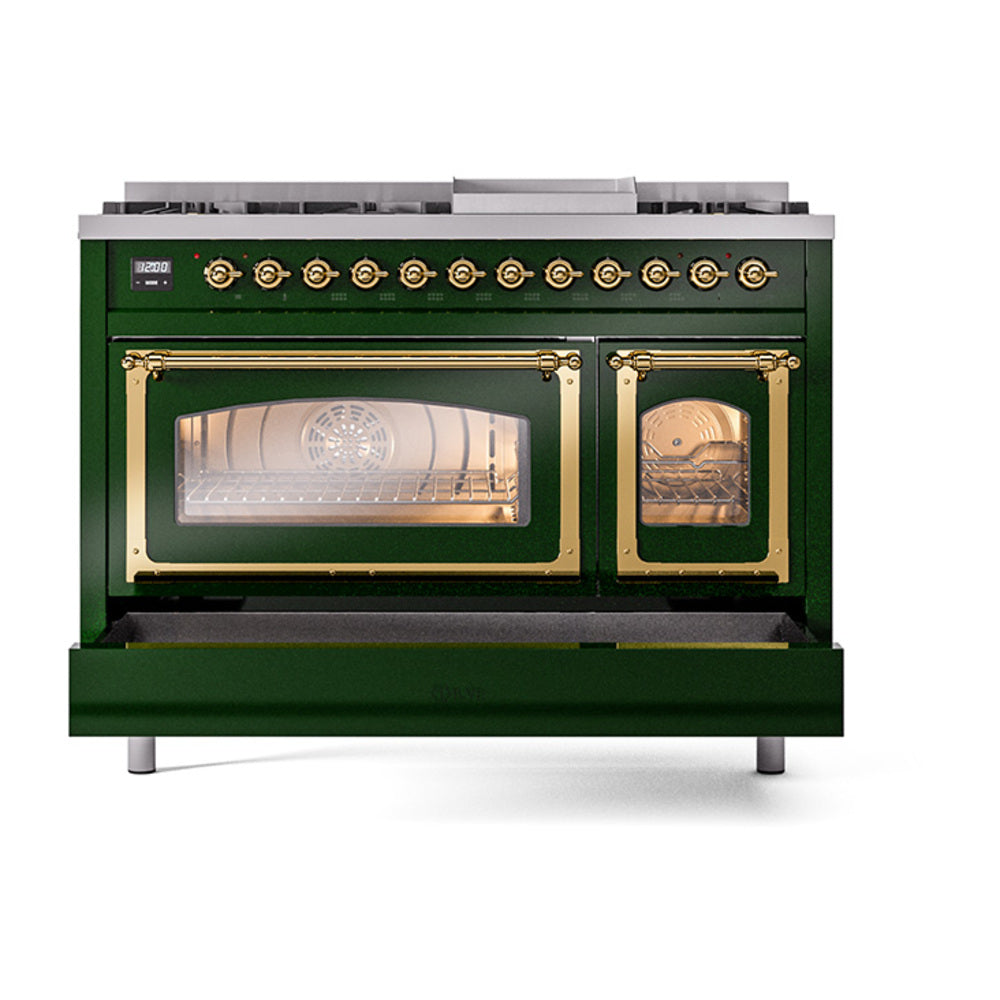 Emerald green range front with brass-trimmed oven windows and control knobs along top