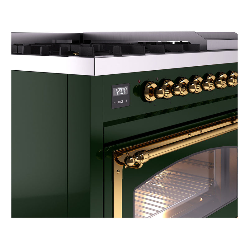 ILVE Nostalgie II Noblesse 48-Inch Dual Fuel Freestanding Range in Emerald Green with Brass Trim (UN48FNMPEGG)