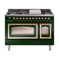 ILVE Nostalgie II Noblesse 48-Inch Freestanding Natural Gas Dual Fuel Range in Emerald Green with Copper Trim (UN48FNMPEGP)