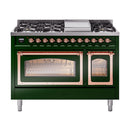 ILVE Nostalgie II Noblesse 48-Inch Freestanding Natural Gas Dual Fuel Range in Emerald Green with Copper Trim (UN48FNMPEGP)