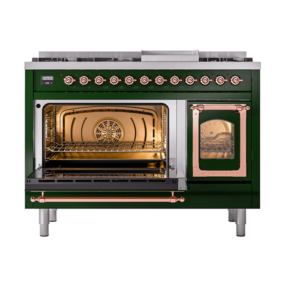 Emerald green freestanding range with one oven closed, one open, copper-trimmed doors.