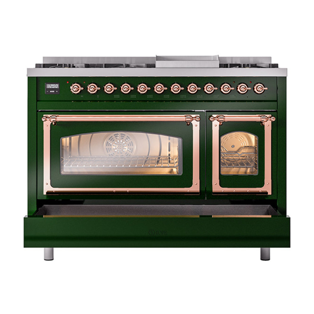 Emerald green dual fuel range with both oven doors open and copper-trim handles.