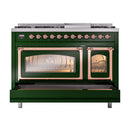 ILVE Nostalgie II Noblesse 48-Inch Freestanding Natural Gas Dual Fuel Range in Emerald Green with Copper Trim (UN48FNMPEGP)