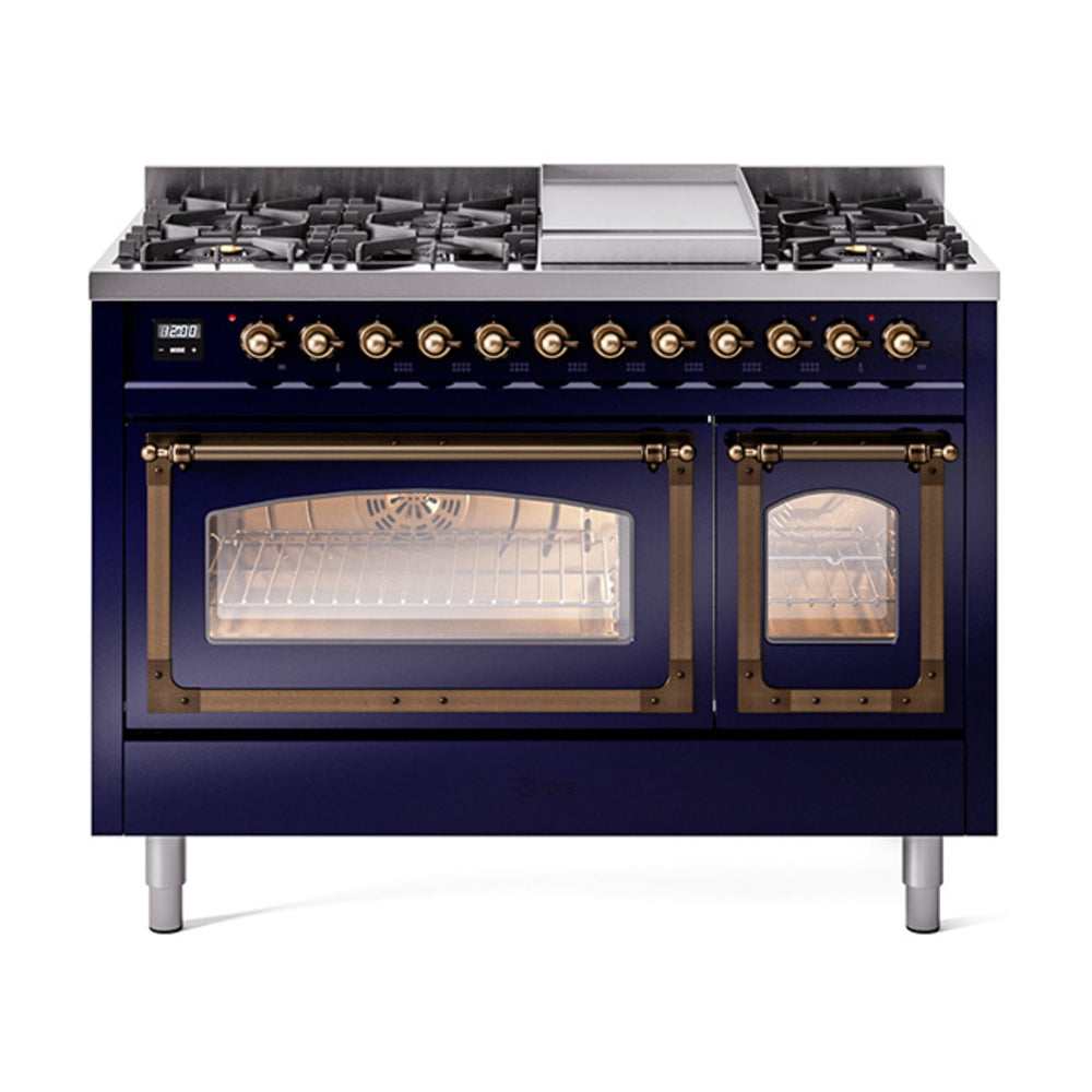 Midnight blue dual fuel range with bronze-trim knobs and two lit ovens