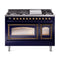 ILVE Nostalgie II Noblesse 48-Inch Freestanding Natural Gas Dual Fuel Range in Midnight Blue with Bronze Trim (UN48FNMPMBB)