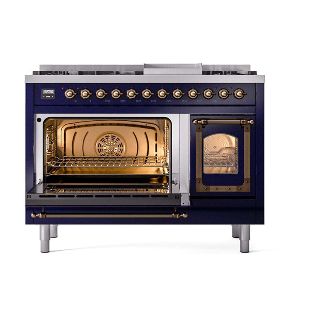 Dual fuel range with both ovens open and glowing interior lights