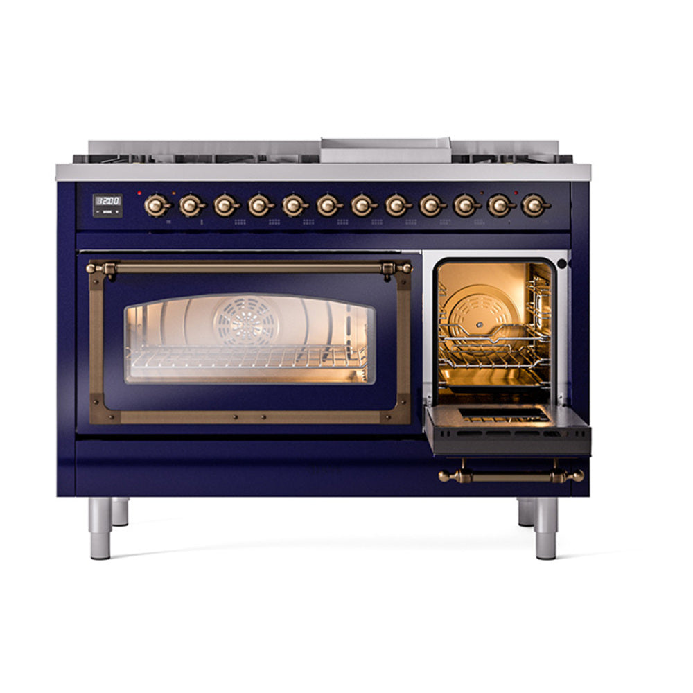 ILVE dual fuel freestanding range, left oven window and right door open in midnight blue