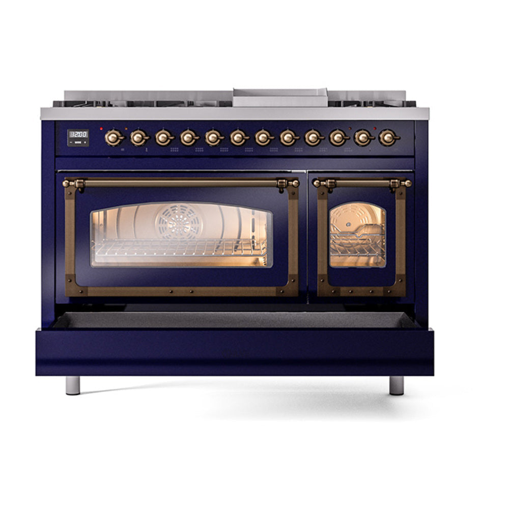 Midnight blue dual fuel range with both ovens lit through glass doors