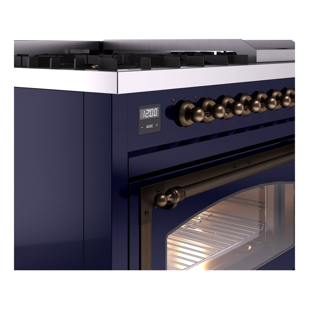 ILVE dual fuel freestanding range, side view of bronze knobs and lit oven interior