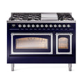 ILVE Nostalgie II Noblesse 48-Inch Freestanding Natural Gas Dual Fuel Range in Midnight Blue with Chrome Trim (UN48FNMPMBC)
