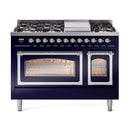 ILVE Nostalgie II Noblesse 48-Inch Freestanding Natural Gas Dual Fuel Range in Midnight Blue with Chrome Trim (UN48FNMPMBC)