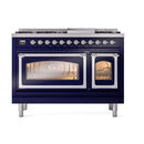 ILVE Nostalgie II Noblesse 48-Inch Freestanding Natural Gas Dual Fuel Range in Midnight Blue with Chrome Trim (UN48FNMPMBC)