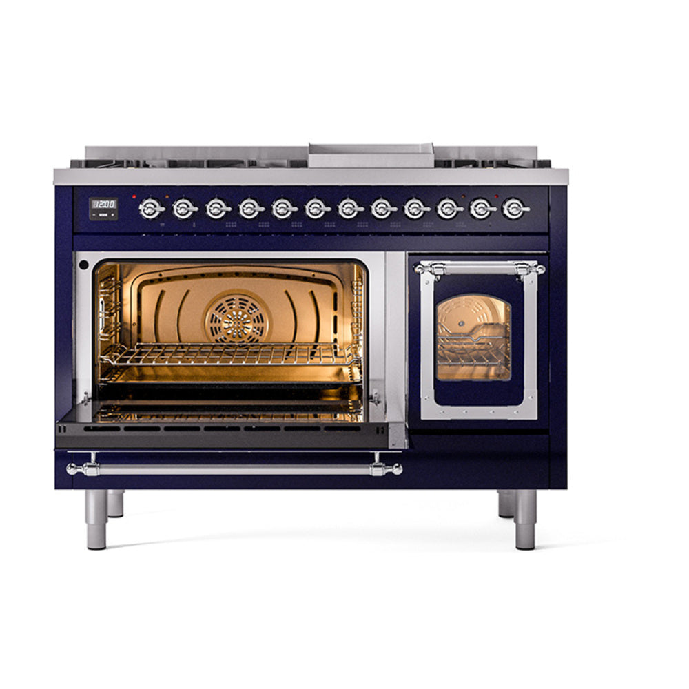 Midnight blue dual fuel range with one oven door open showing heated oven interior