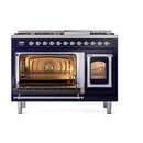 ILVE Nostalgie II Noblesse 48-Inch Freestanding Natural Gas Dual Fuel Range in Midnight Blue with Chrome Trim (UN48FNMPMBC)