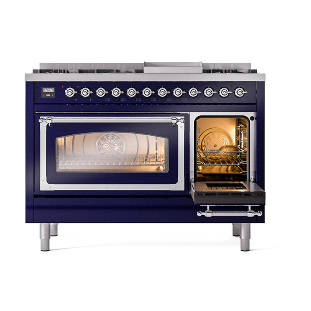 Freestanding dual fuel range with left oven door open, chrome trims, and lit interior