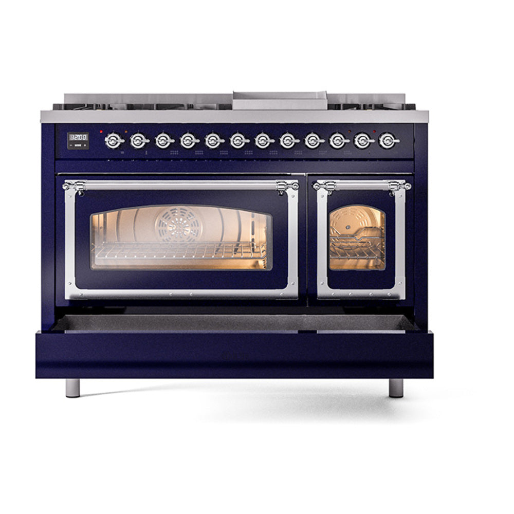 Midnight blue dual fuel range with both ovens open and chrome door frames