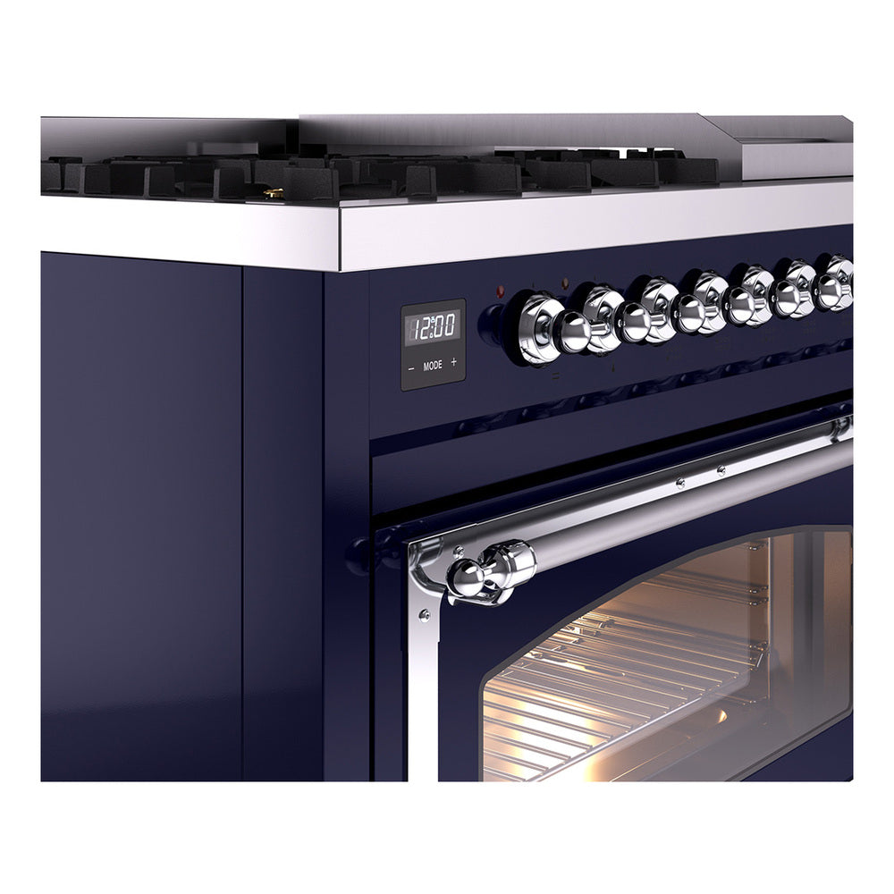 Midnight blue dual fuel range control panel and chrome oven handle on front corner