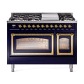 ILVE Nostalgie II Noblesse 48-Inch Freestanding Natural Gas Dual Fuel Range in Midnight Blue with Brass Trim (UN48FNMPMBG)