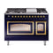 ILVE Nostalgie II Noblesse 48-Inch Freestanding Natural Gas Dual Fuel Range in Midnight Blue with Brass Trim (UN48FNMPMBG)