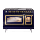 ILVE Nostalgie II Noblesse 48-Inch Dual Fuel Freestanding Range in Midnight Blue with Brass Trim (UN48FNMPMBGLP)