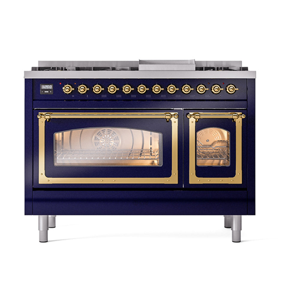 Midnight blue freestanding gas range front view with brass control knobs and windowed oven doors