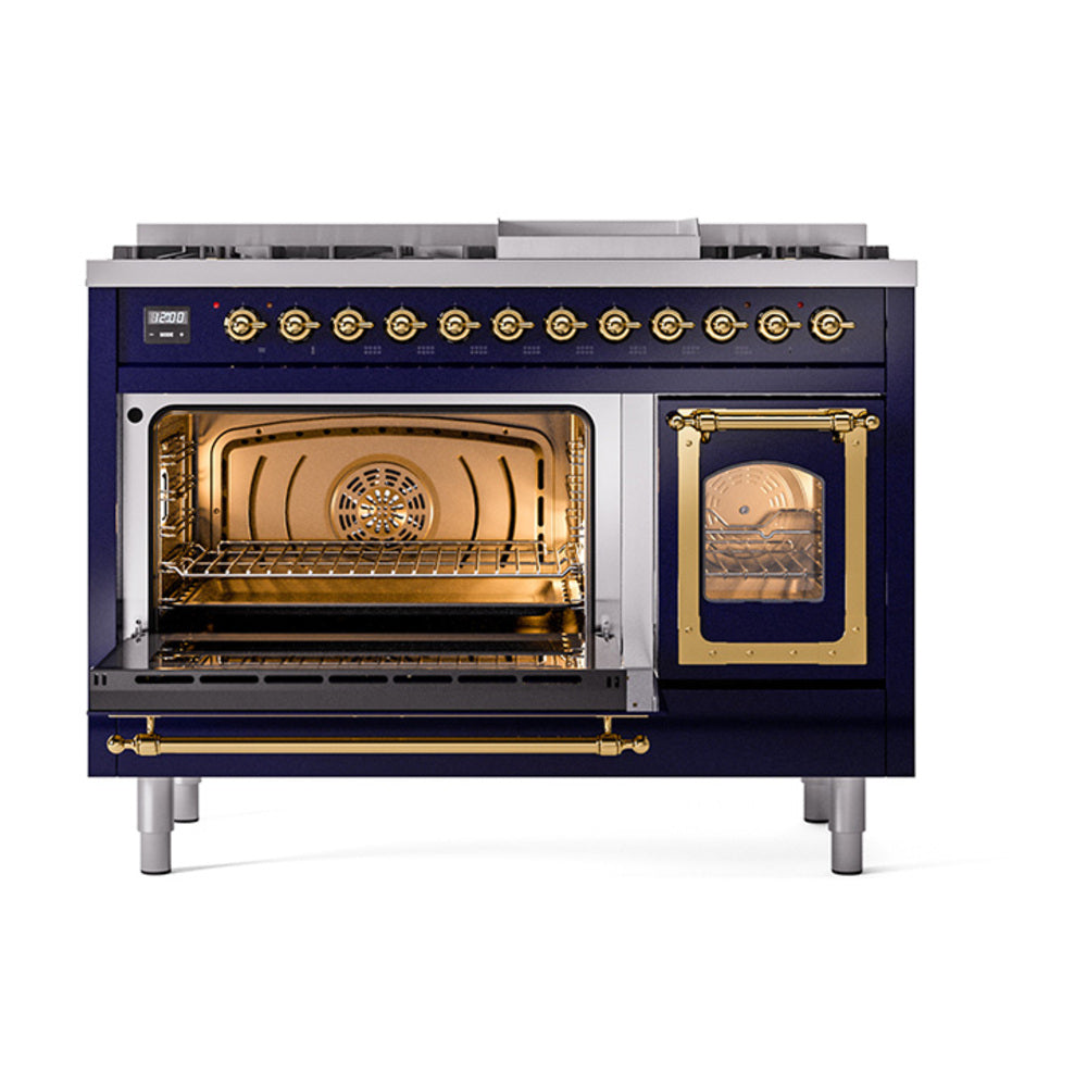 Midnight blue freestanding range with left oven open and right oven window; brass trim.