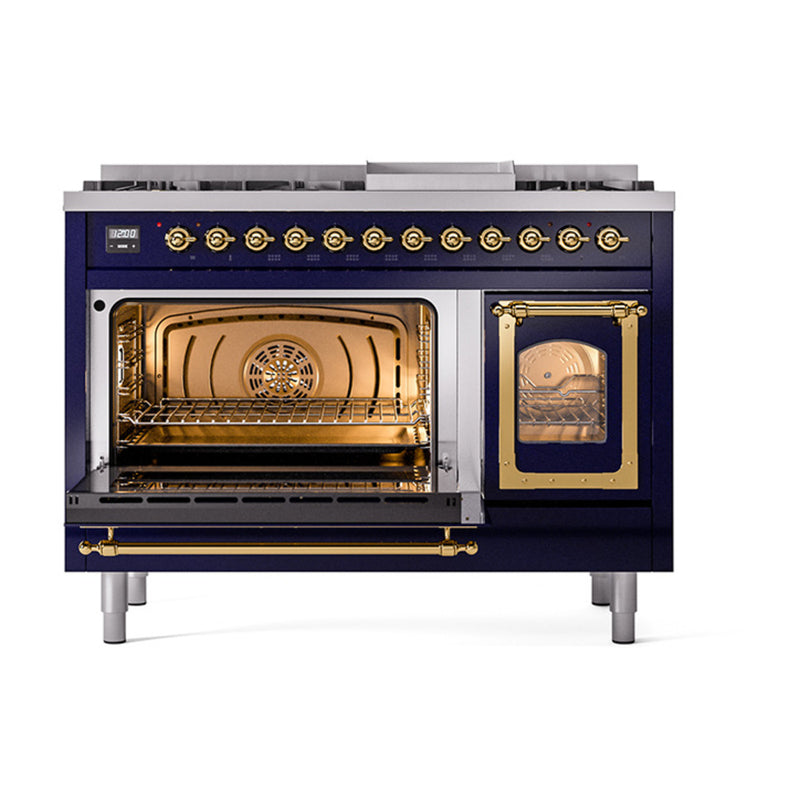 ILVE Nostalgie II Noblesse 48-Inch Dual Fuel Freestanding Range in Midnight Blue with Brass Trim (UN48FNMPMBG)