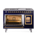 ILVE Nostalgie II Noblesse 48-Inch Freestanding Natural Gas Dual Fuel Range in Midnight Blue with Brass Trim (UN48FNMPMBG)