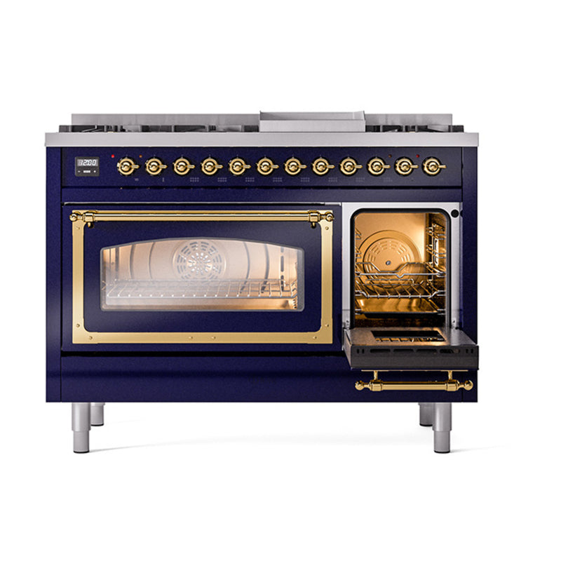 ILVE Nostalgie II Noblesse 48-Inch Dual Fuel Freestanding Range in Midnight Blue with Brass Trim (UN48FNMPMBG)
