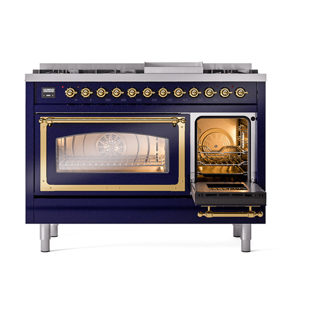 Midnight blue freestanding gas range with one oven door open and brass handle, front view