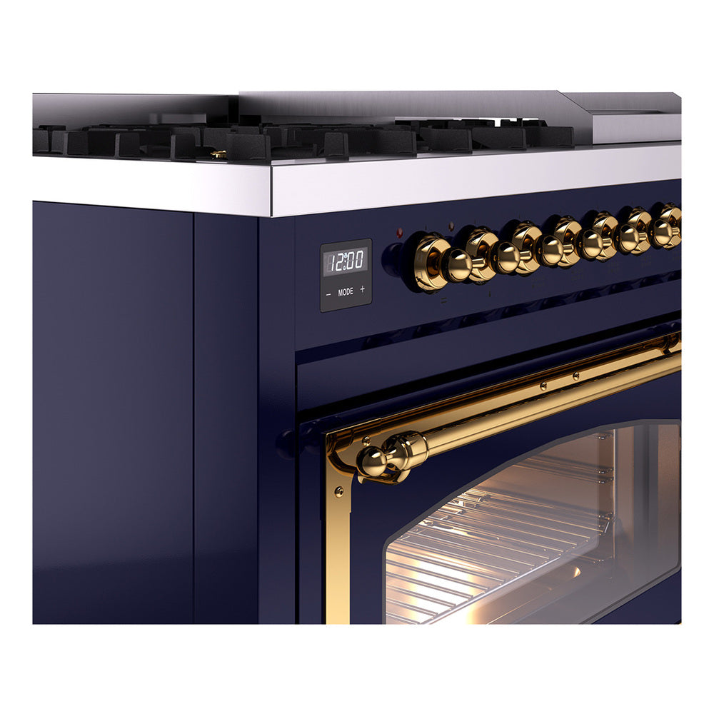 Midnight blue range side view with brass handle, brass control knobs, and lit oven interior.