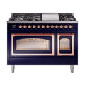 ILVE Nostalgie II Noblesse 48-Inch Freestanding Natural Gas Dual Fuel Range in Midnight Blue with Copper Trim (UN48FNMPMBP)
